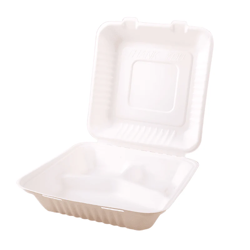 8" 3 Compartment Sugarcane Clamshell